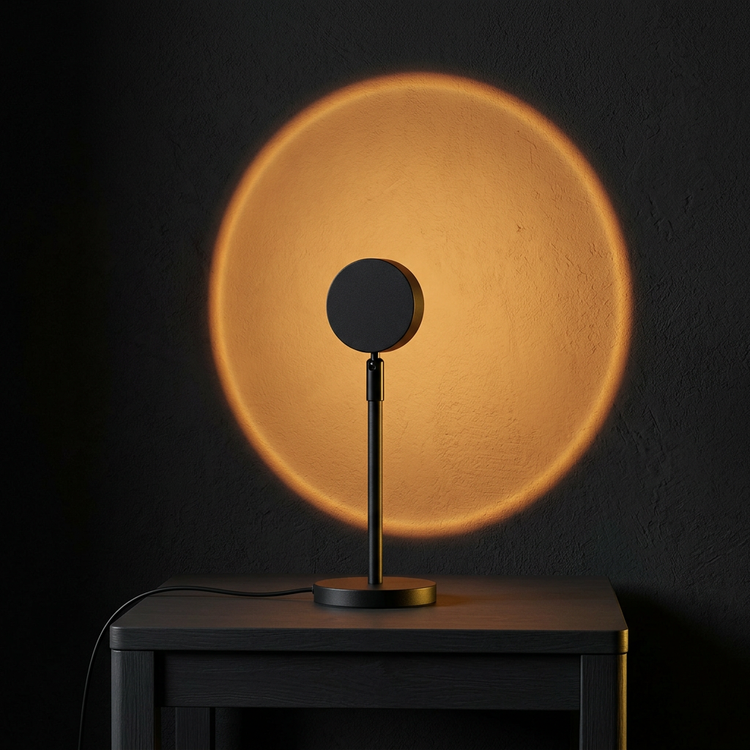 Black Solis Projector on a charcoal table casting a warm amber halo