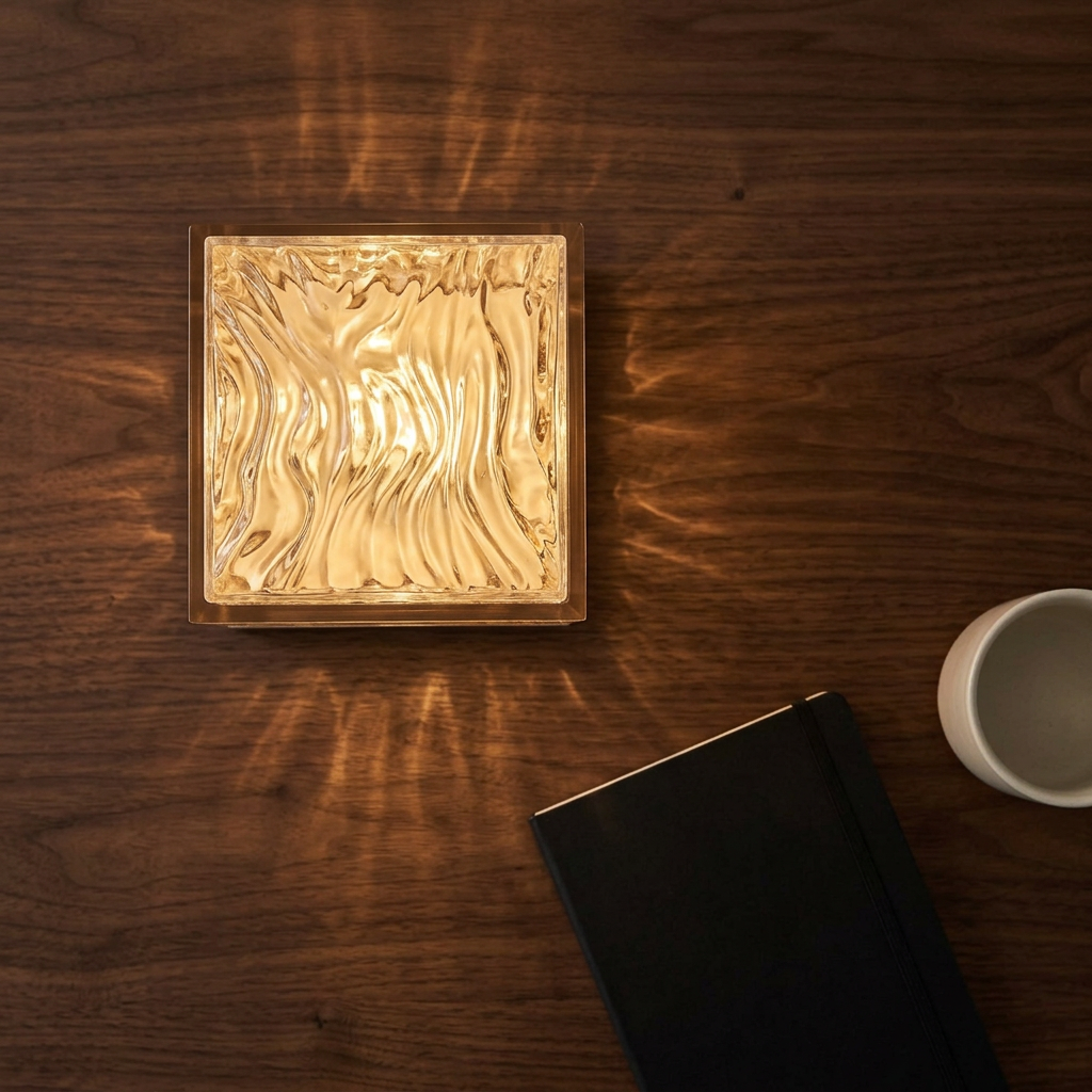 Overhead view of Aura glowing on a walnut tabletop