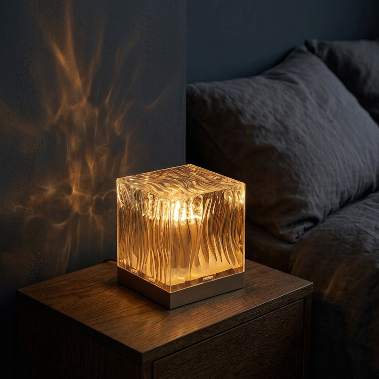 Aura lamp glowing amber on a bedside table