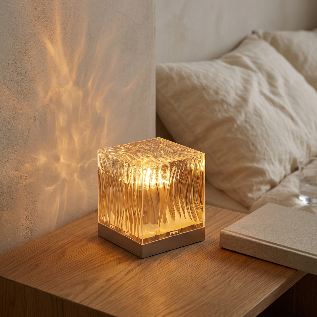 AI-created lifestyle scene of the Aura cube lamp glowing amber on an oak bedside table beside cream bedding.